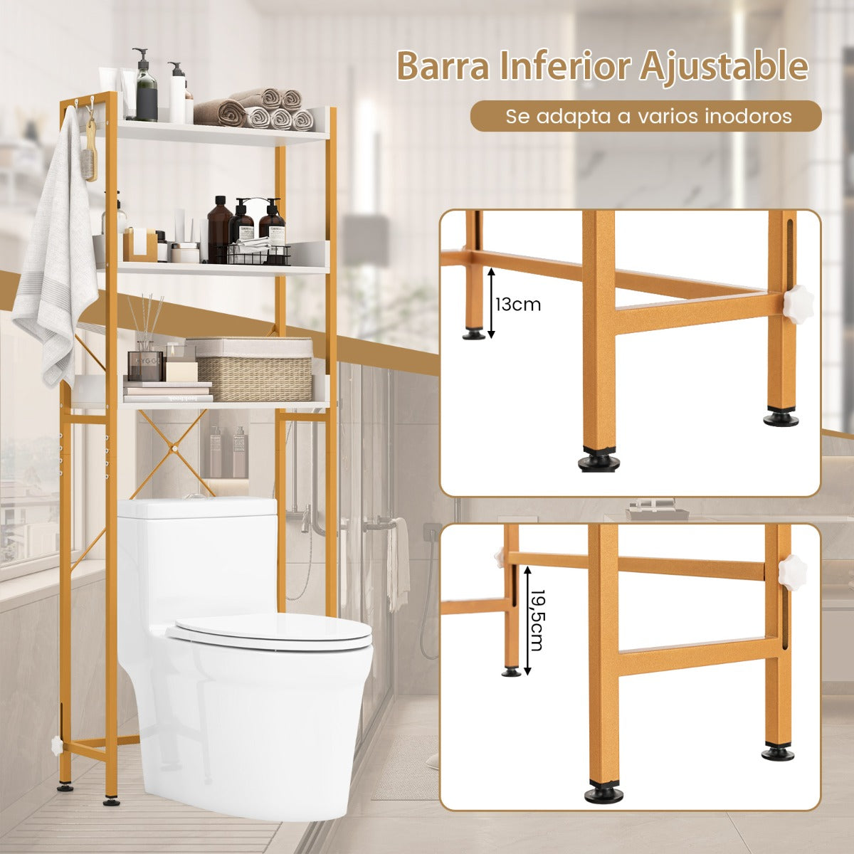 Estante baño, Mueble sobre inodoro, Estanteria baño, Estanterias almacenaje, de 3 Niveles con 4 Ganchos, Blanco Dorado, Costway, 8