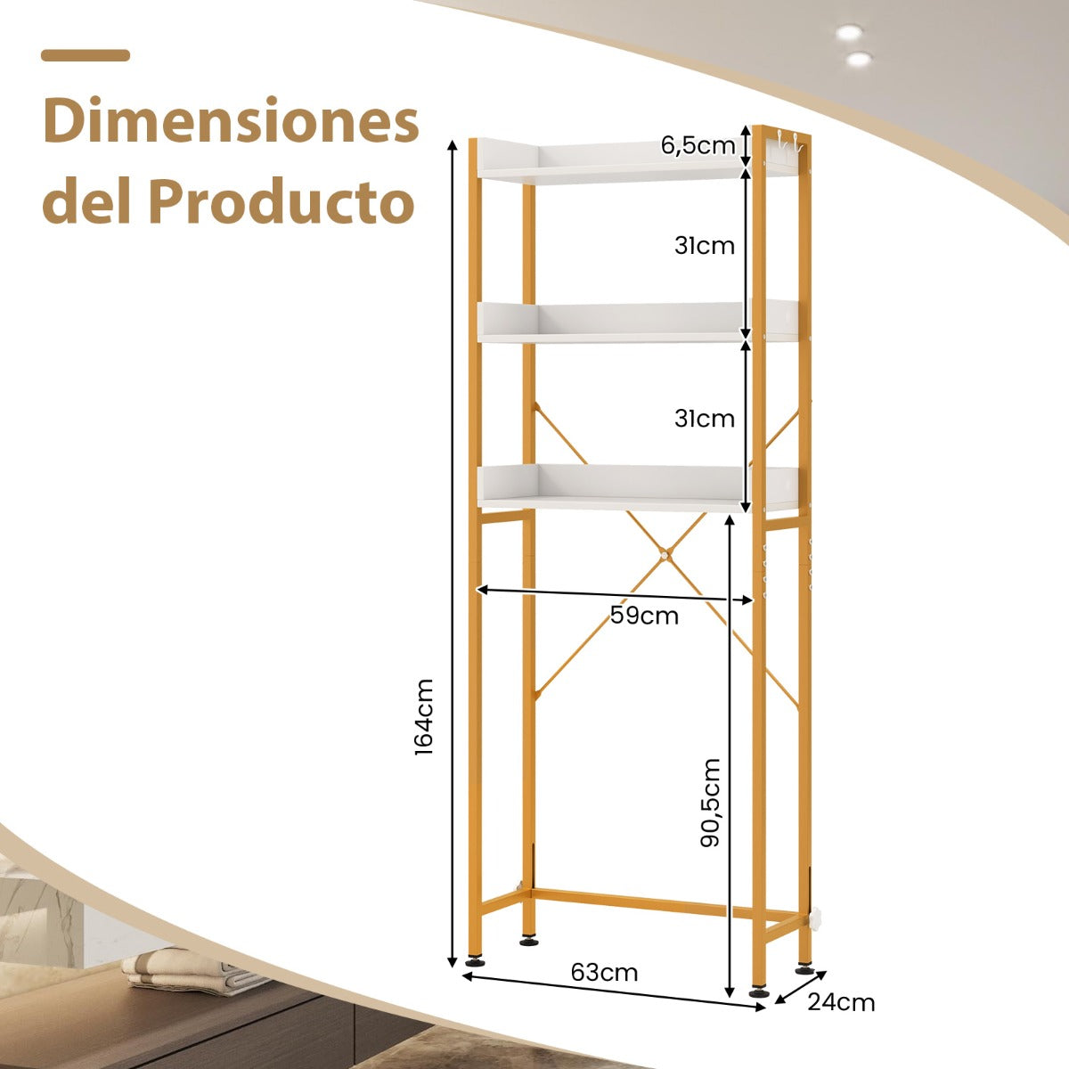 Estante baño, Mueble sobre inodoro, Estanteria baño, Estanterias almacenaje, de 3 Niveles con 4 Ganchos, Blanco Dorado, Costway, 3