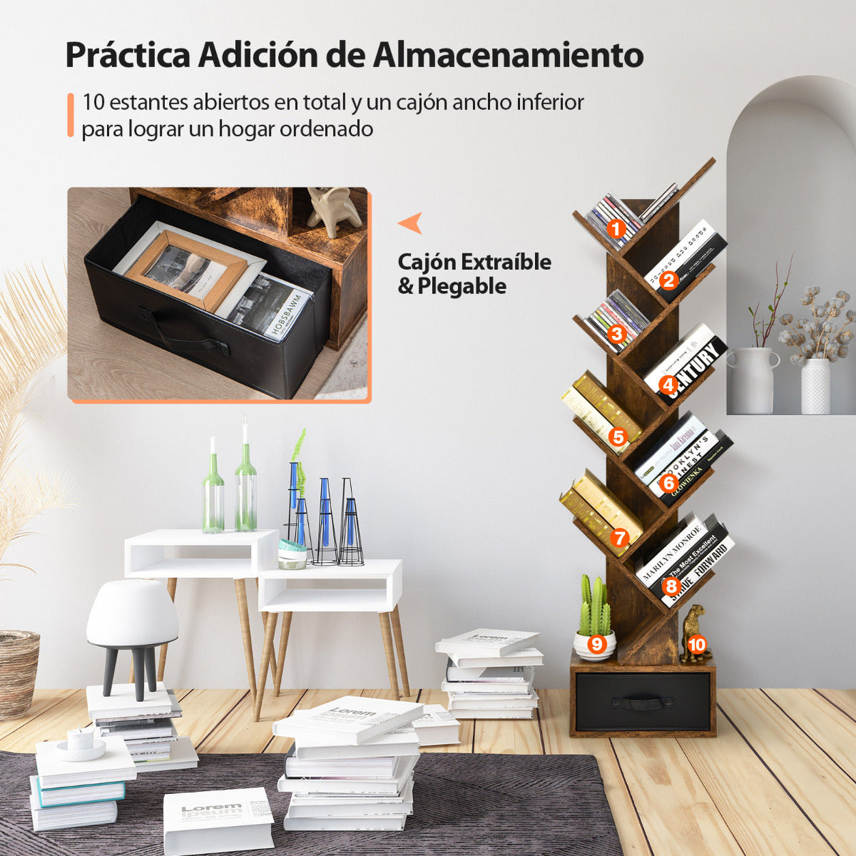 Estantería en Forma de Árbol de 10 Estantes con Cajón Estante de Suelo para Cds Libros Estante de Exhibición Marrón, Costway, 7