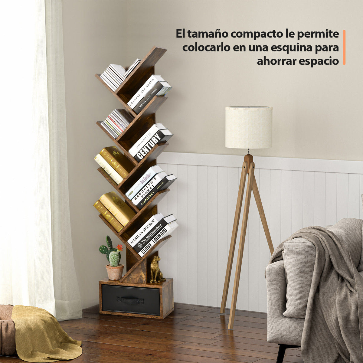 Estantería en Forma de Árbol de 10 Estantes con Cajón Estante de Suelo para Cds Libros Estante de Exhibición Marrón, Costway, 6