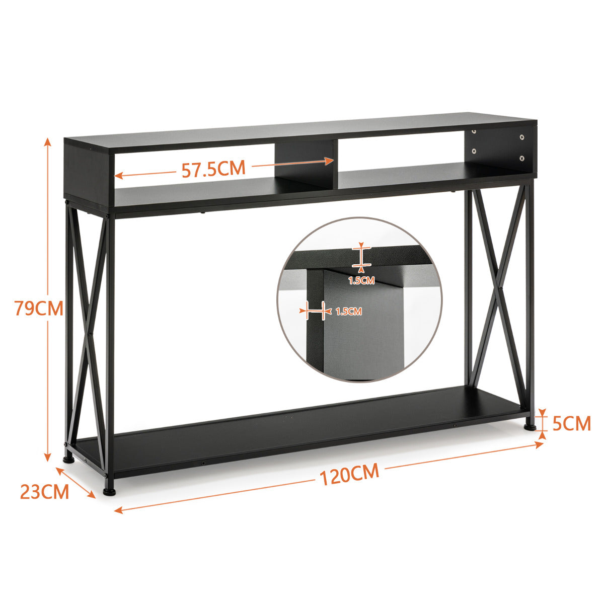 Mesa consola, Mesa recibidor, Mesa salon, con 2 Niveles, con Repisa Abierta, en Acero Mesilla Compacta, Negro, Costway, 3