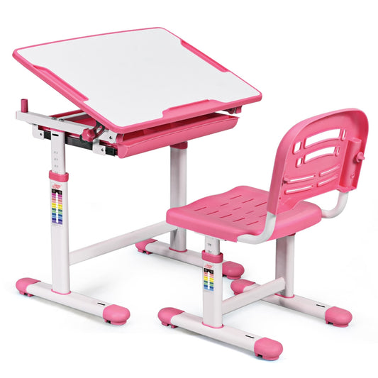 Set, Escritorio Infantil y Silla Infantil, Escritorio Infantil Primaria, con Altura y Ángulo Ajustable y Cajón, Rosa, Costway, 1