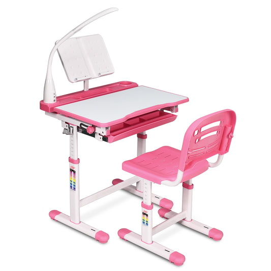 Set, Escritorio Infantil y Silla Infantil, Escritorio Infantil Primaria, con Lámpara, para Infantil Ángulo, Rosa, Costway, 1