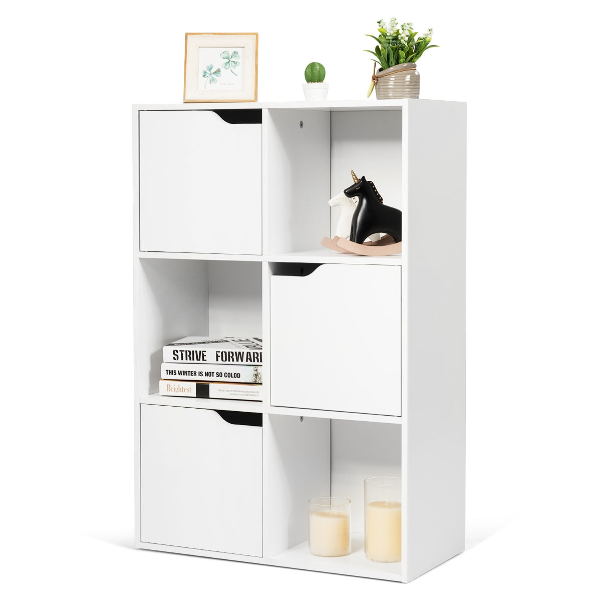 Estanteria salon, Armario oficina, de 6 Cubos y Puertas, Estanteria Libros, con 3 Niveles para Libros Juguetes, Blanco, Costway, 1