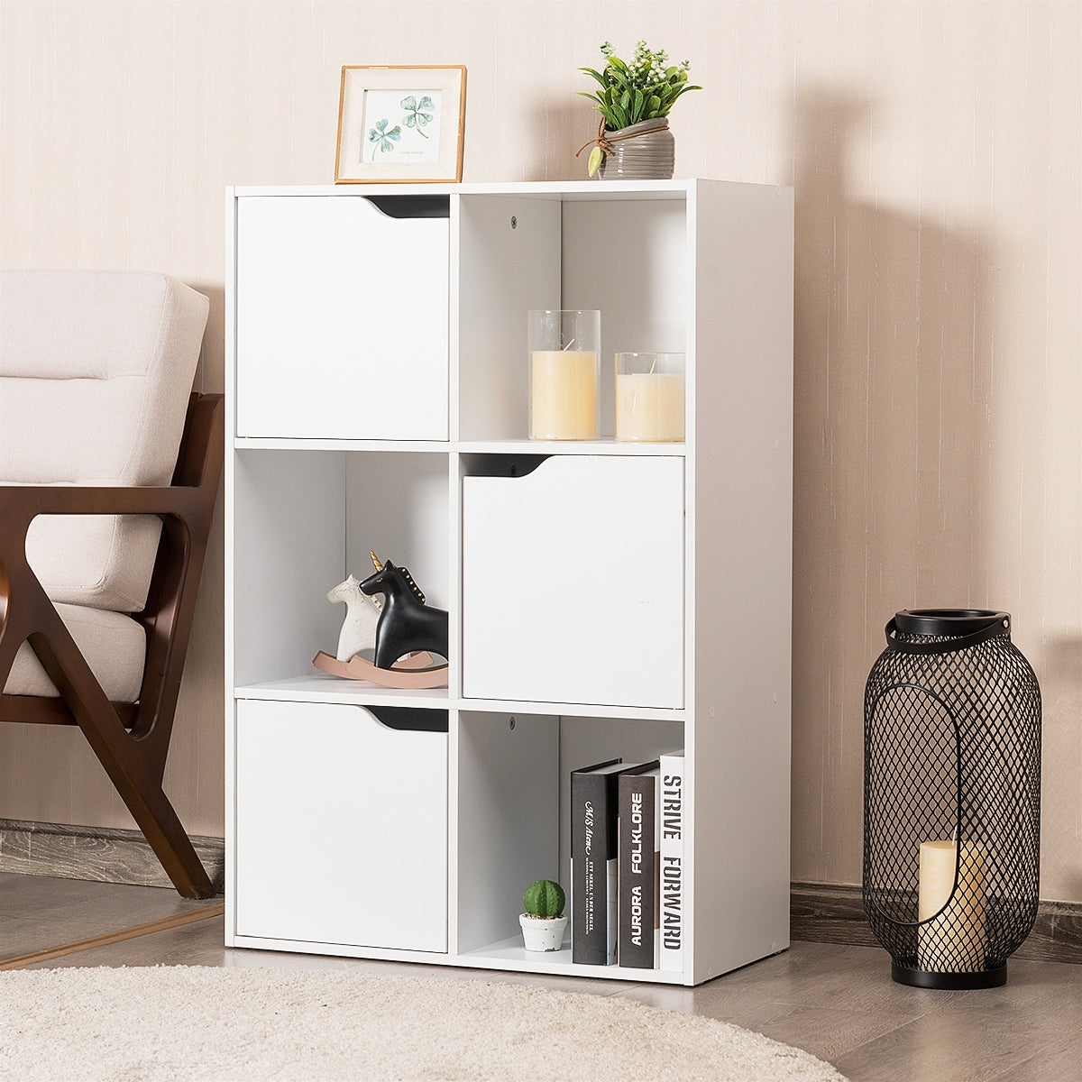 Estanteria salon, Armario oficina, de 6 Cubos y Puertas, Estanteria Libros, con 3 Niveles para Libros Juguetes, Blanco, Costway, 5