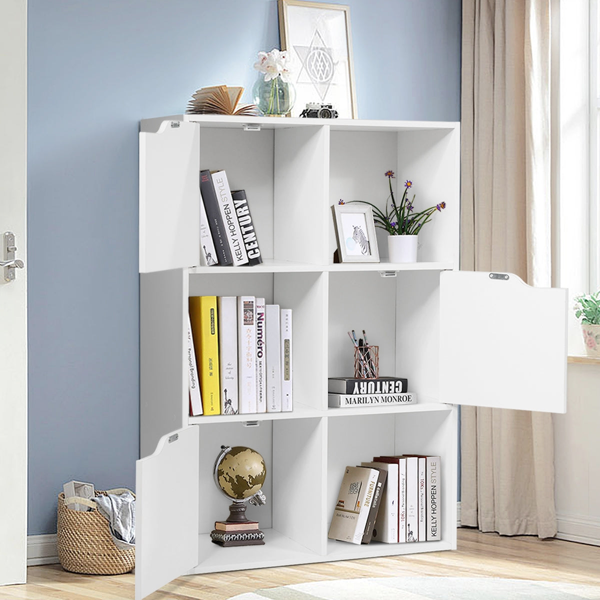 Estanteria salon, Armario oficina, de 6 Cubos y Puertas, Estanteria Libros, con 3 Niveles para Libros Juguetes, Blanco, Costway, 2