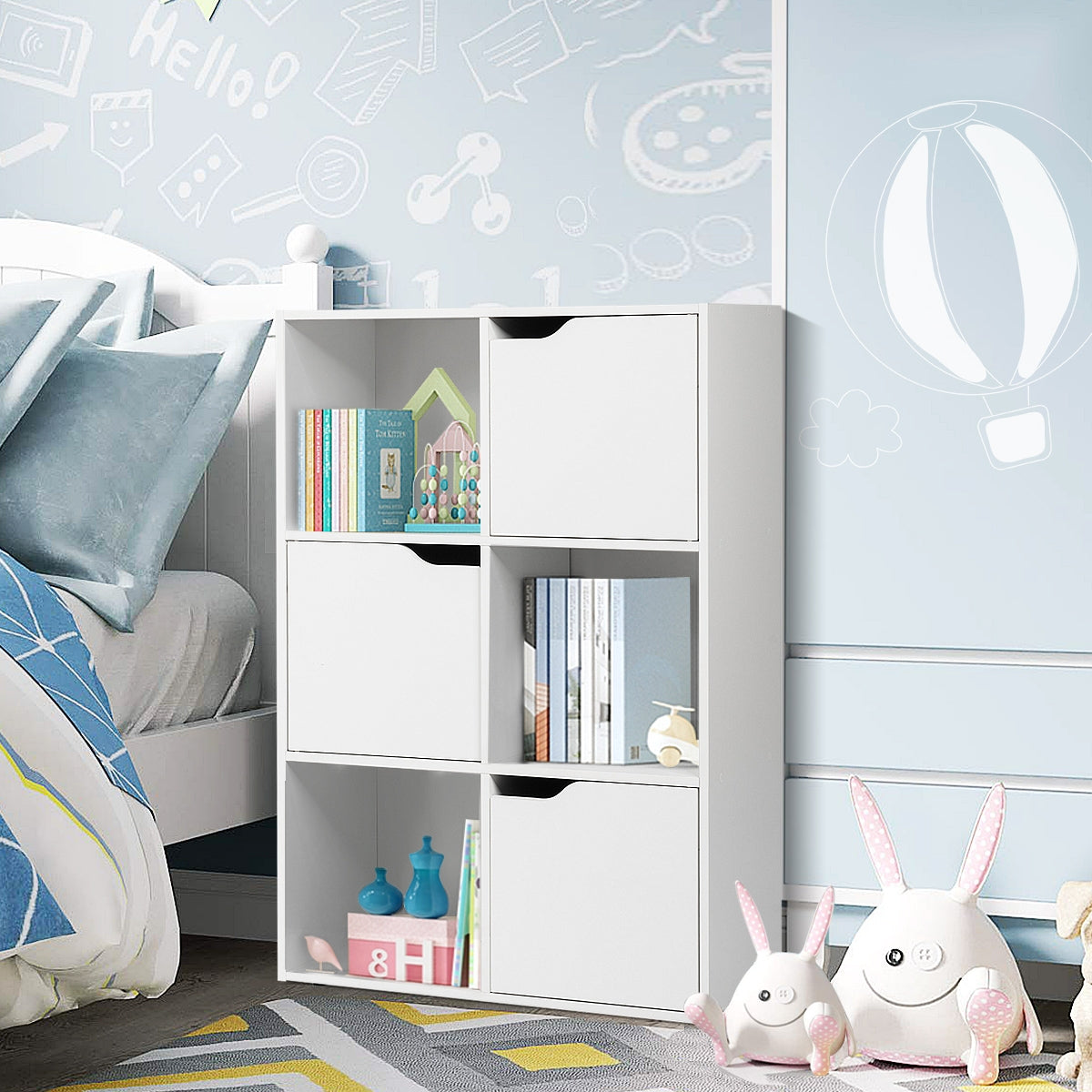 Estanteria salon, Armario oficina, de 6 Cubos y Puertas, Estanteria Libros, con 3 Niveles para Libros Juguetes, Blanco, Costway, 8