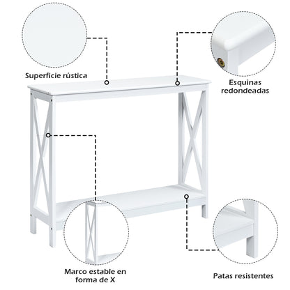 Mesa consola, Mesa salon, Mesa recibidor, con 2 Niveles y Repisa Librería en X para Entrada Pasillo, Blanco, Costway, 8