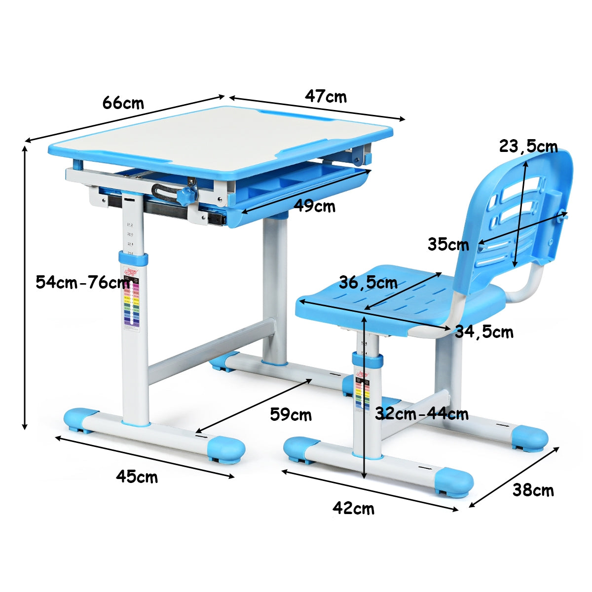 Set, Escritorio Infantil y Silla Infantil, Escritorio Infantil Primaria, para Infantil con Cajón Ángulo, Azul, Costway, 3