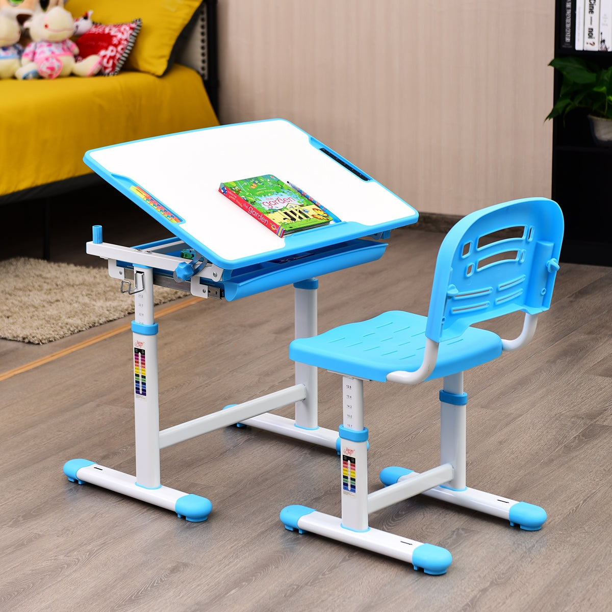 Set, Escritorio Infantil y Silla Infantil, Escritorio Infantil Primaria, para Infantil con Cajón Ángulo, Azul, Costway, 6