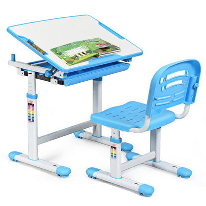 Set, Escritorio Infantil y Silla Infantil, Escritorio Infantil Primaria, para Infantil con Cajón Ángulo, Azul, Costway, 7