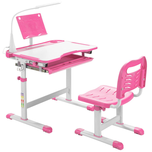 Set, Escritorio Infantil y Silla Infantil, Escritorio Infantil Primaria, con Altura Regulable Luz LED, Rosa, Costway, 1