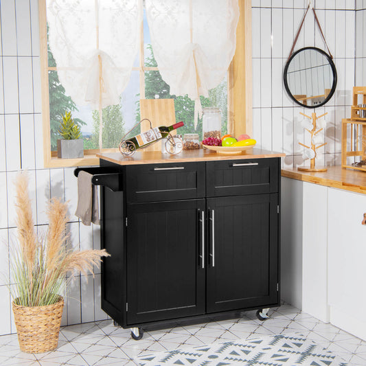 Isla de cocina, Carro cocina, Carrito cocina, con Cajones de Almacenamiento y Armarios 4 Ruedas, Negro, Costway, 2