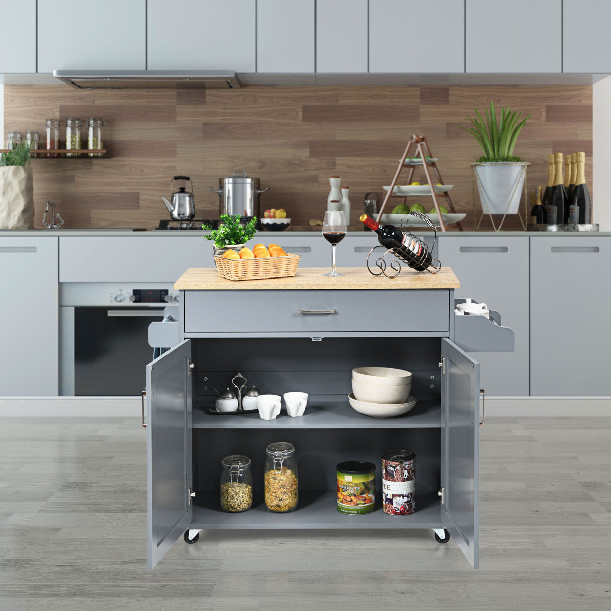 Carrito cocina, Isla de cocina, Carro cocina, con Ruedas de Goma Armario Grande, Repisa Regulable en 3 Posiciones, Gris, Costway, 4