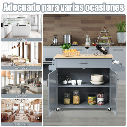 Carrito cocina, Isla de cocina, Carro cocina, con Ruedas de Goma Armario Grande, Repisa Regulable en 3 Posiciones, Gris, Costway, 7