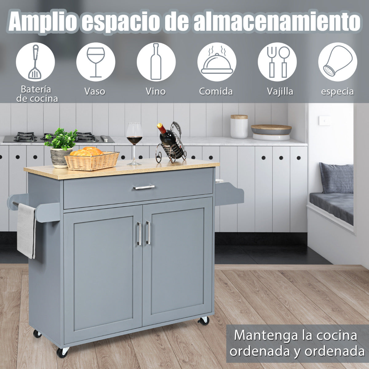 Carrito cocina, Isla de cocina, Carro cocina, con Ruedas de Goma Armario Grande, Repisa Regulable en 3 Posiciones, Gris, Costway, 5