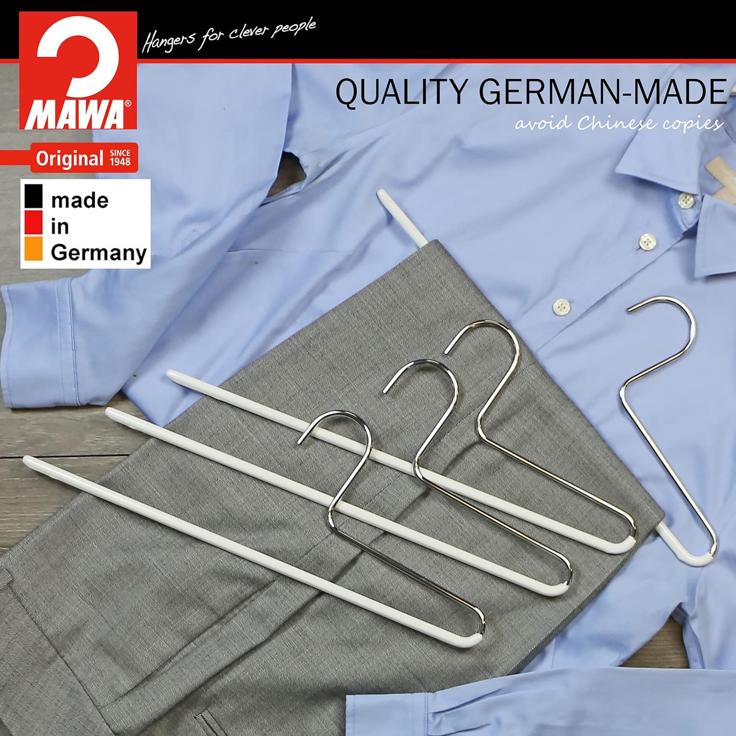  MAWA KH C - Perchas para Pantalones, Blanco, Perchas, 10 piezas, ancho 35 cm, Antideslizantes, para, Vaqueros, Pantalones