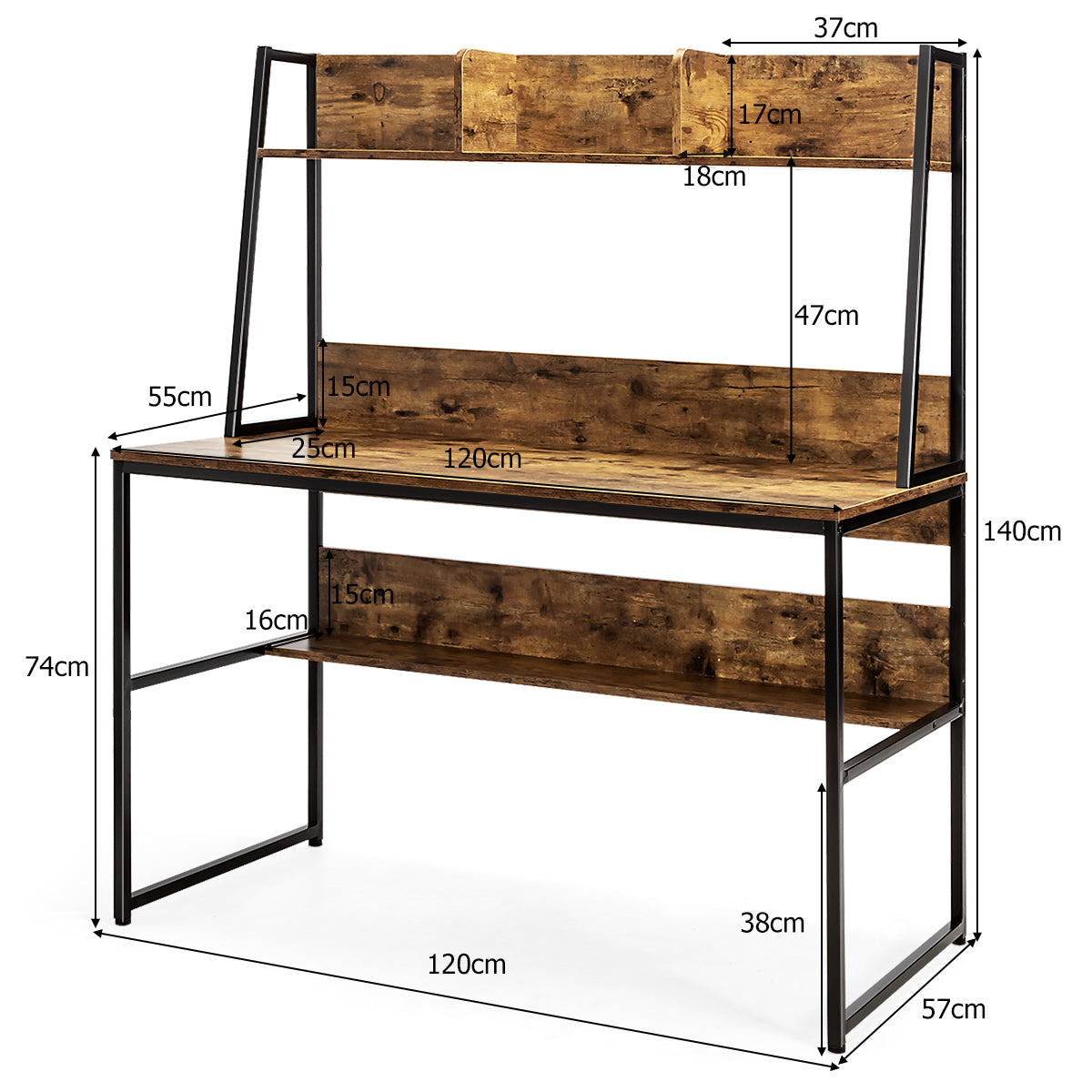 Escritorio, Mesa Ordenador, Escritorio Pequeño, Mesa Estudio, con Estantería 3 Cubos de Almacenamiento, Marrón, Costway, 3