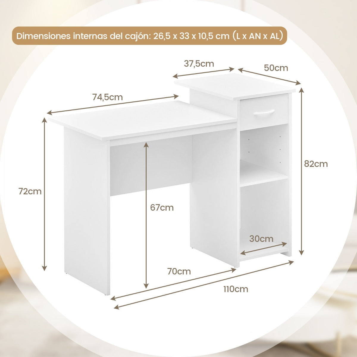 Mesa Estudio, de 110 cm, Escritorio Pequeño, Mesa de Oficina, Escritorio con Cajones, con Estante, Blanco, Costway, 3