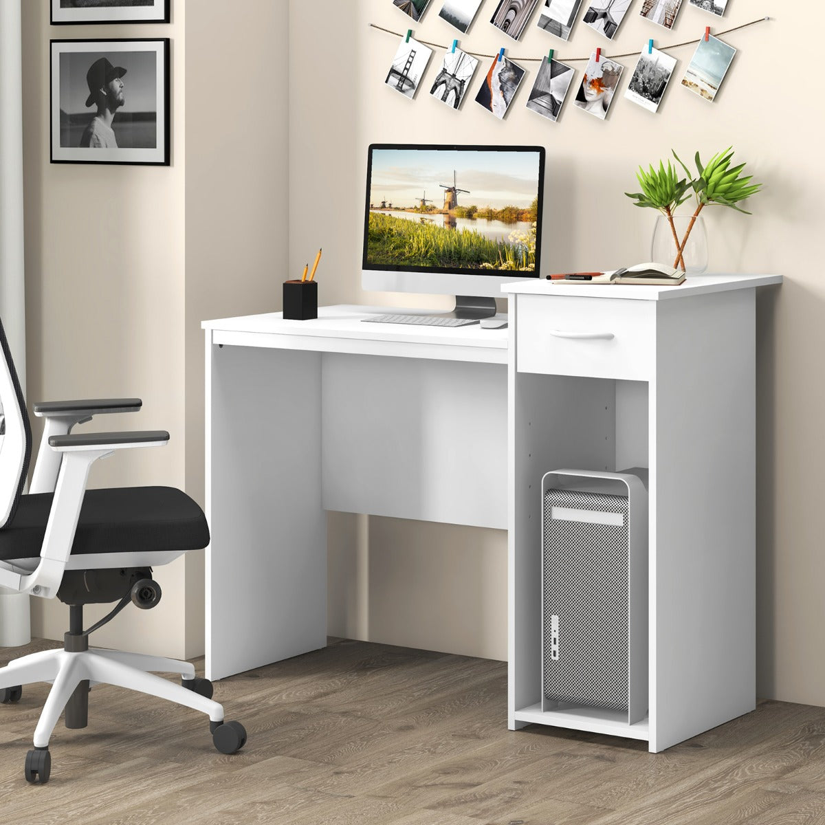 Mesa Estudio, de 110 cm, Escritorio Pequeño, Mesa de Oficina, Escritorio con Cajones, con Estante, Blanco, Costway, 5