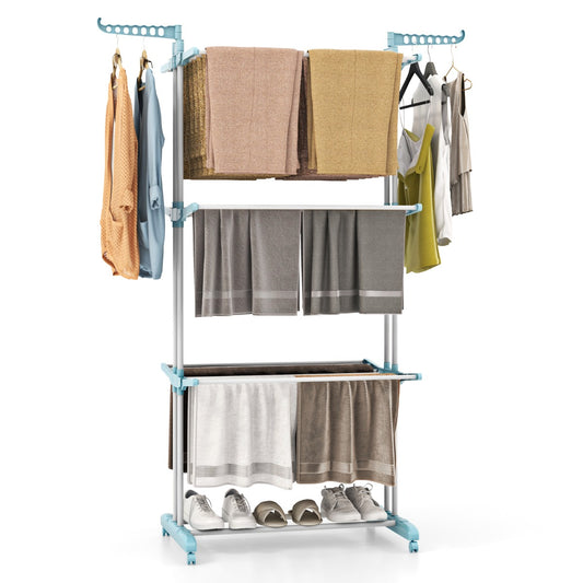 Tendedero Vertical, 4 Niveles, Tendedero de ropa, con Ruedas, Tendedero Plegable, Azul, Costway, 6