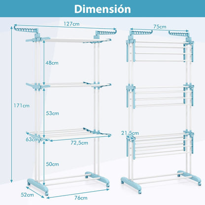 Tendedero Vertical, 4 Niveles, Tendedero de ropa, con Ruedas, Tendedero Plegable, Azul, Costway, 4