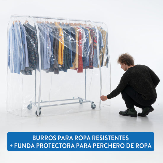 Armario de Tela, Burro para Ropa, con Ruedas, con Funda Plástico Transparente para Perchero de Ropa, Tatkraft Drogo & Big, 6