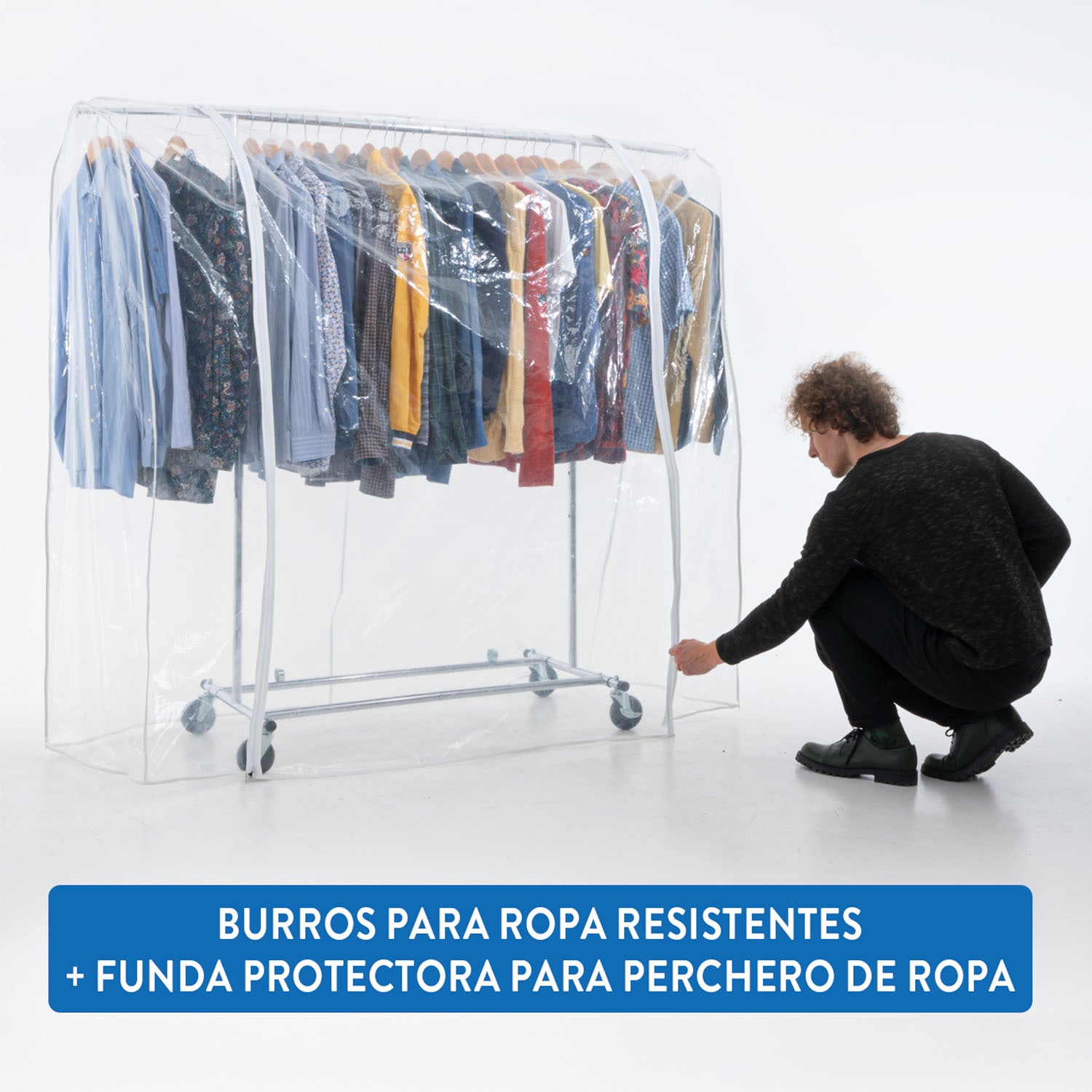 Armario de Tela, Burro para Ropa, con Ruedas, con Funda Plástico Transparente para Perchero de Ropa, Tatkraft Drogo & Big, 6