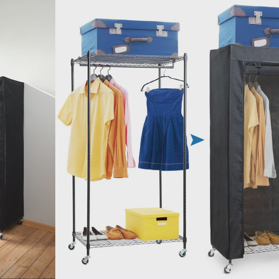 Armario de Tela, con Ruedas, Perchero Armario, 2 Estantes, hasta 70kg, Burros para ropa Resistentes con Funda