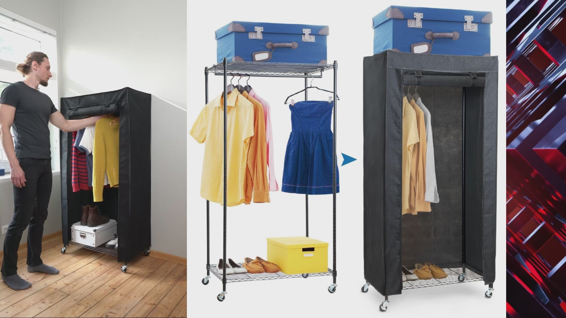 Armario de Tela, con Ruedas, Perchero Armario, 2 Estantes, hasta 70kg, Burros para ropa Resistentes con Funda