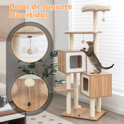 Arbol para Gatos, Rascador Gato, Arbol Rascador para Gatos, con 2 Condominios y Cojines Lavables, Natural, Costway, 8