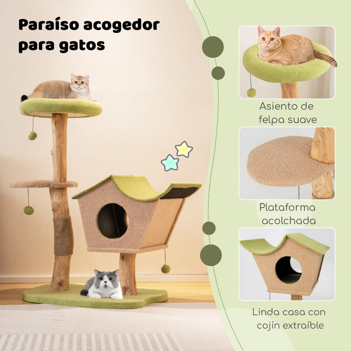 Arbol para Gatos, Rascador Gato, 110 cm, Plataforma Superior Acolchada Condominio, Postes para Rascar, Madera, Verde, Costway, 6