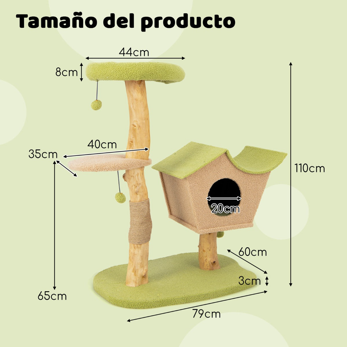 Arbol para Gatos, Rascador Gato, 110 cm, Plataforma Superior Acolchada Condominio, Postes para Rascar, Madera, Verde, Costway, 3