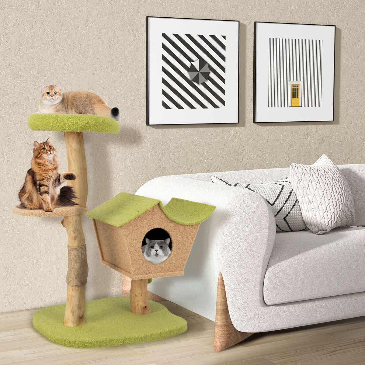 Arbol para Gatos, Rascador Gato, 110 cm, Plataforma Superior Acolchada Condominio, Postes para Rascar, Madera, Verde, Costway, 4