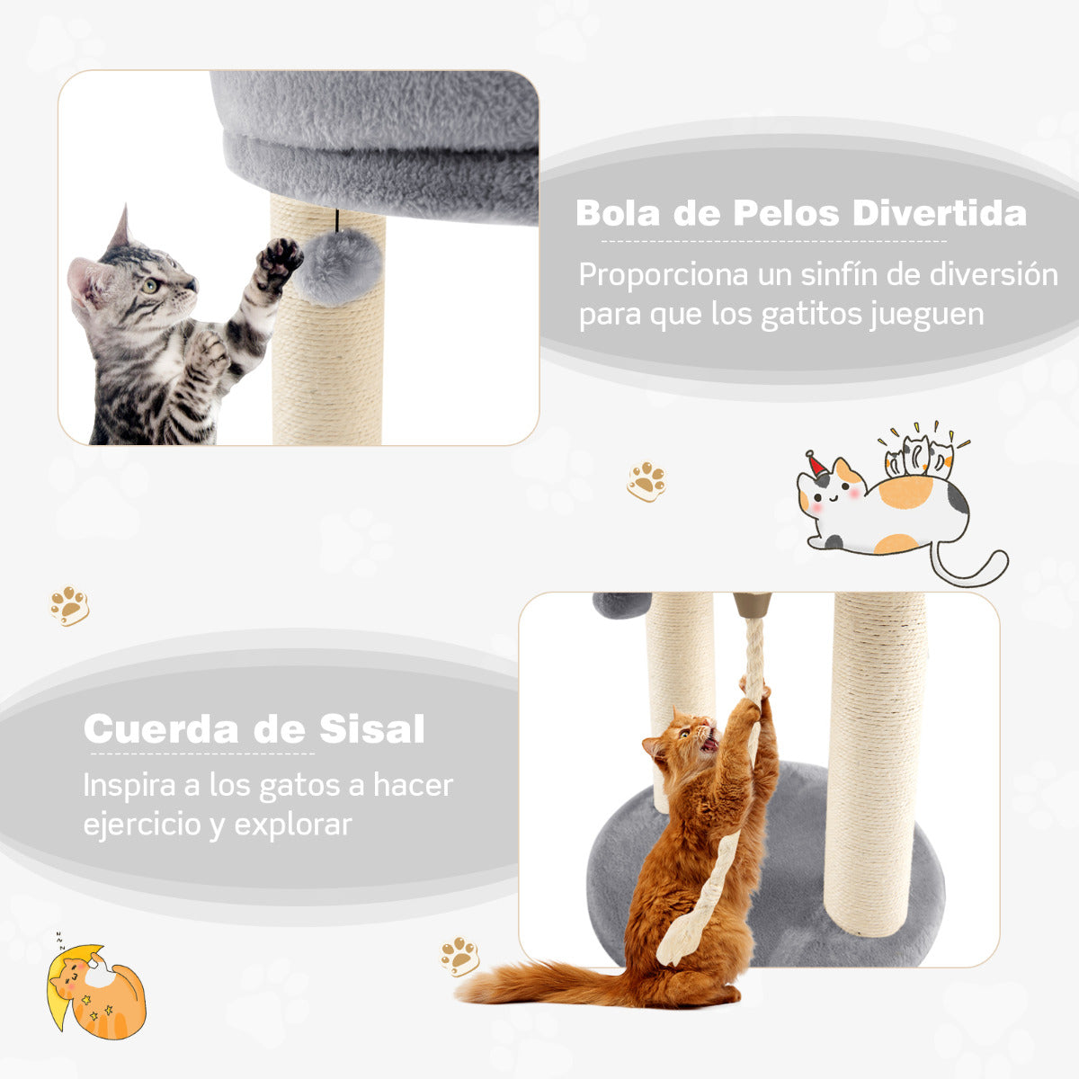 Arbol para Gatos, 4 en 1, Arbol Rascador para Gatos, Rascador Gato, con Plataforma Base Acolchada Bola de Juguete, Gris, Costway, 7