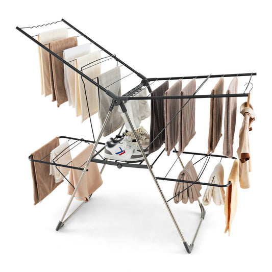 Tendedero Plegable, 2 Niveles, Tendedero de Ropa, Alas Ajustables, Tendedero Balcon, Acero Inoxidable, Plata y Gris, Costway, 2