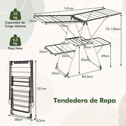 Tendedero Plegable, 2 Niveles, Tendedero de Ropa, Alas Ajustables, Tendedero Balcon, Acero Inoxidable, Plata y Gris, Costway, 7