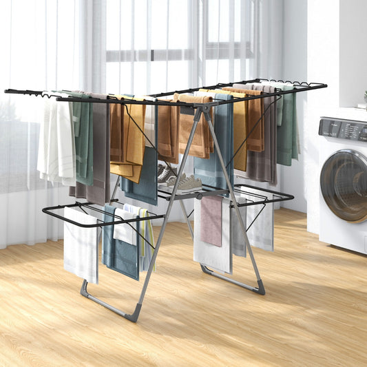 Tendedero Plegable, 2 Niveles, Tendedero de Ropa, Alas Ajustables, Tendedero Balcon, Acero Inoxidable, Plata y Gris, Costway, 1