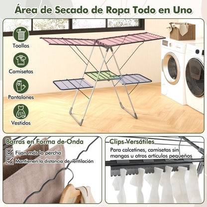 Tendedero Plegable, 2 Niveles, Tendedero de Ropa, Alas Ajustables, Tendedero Balcon, Acero Inoxidable, Plata y Gris, Costway, 8