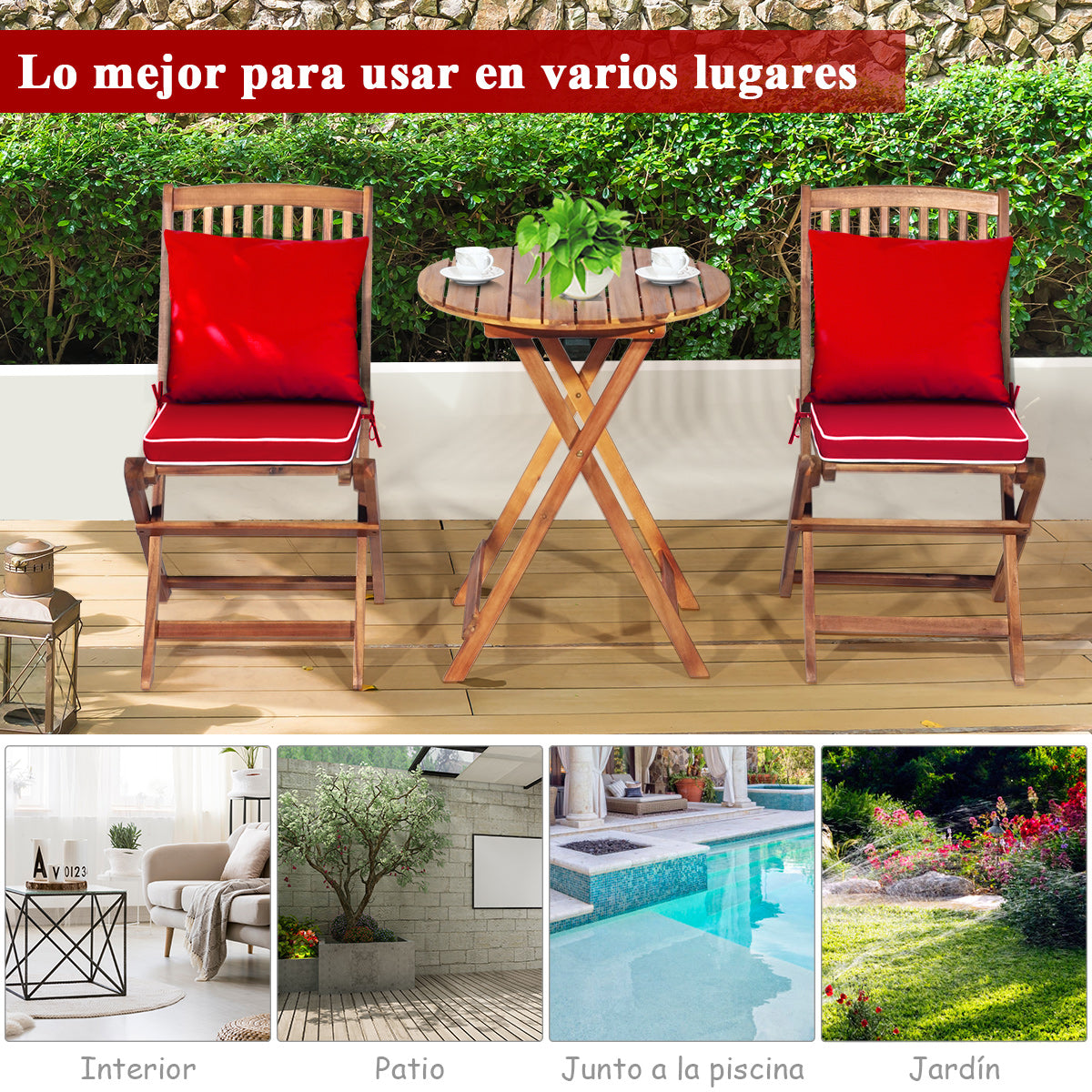 Conjunto de Jardin, Set 5 Piezas, Muebles Terraza, Plegables 2 Sillas y Cojín Mesa, Muebles de Jardin, Rojo, Costway, 7