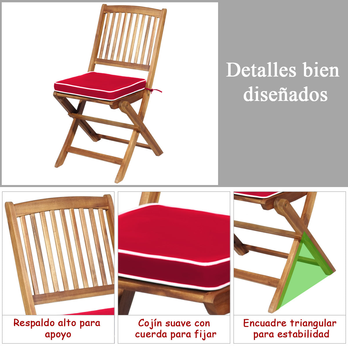 Conjunto de Jardin, Set 5 Piezas, Muebles Terraza, Plegables 2 Sillas y Cojín Mesa, Muebles de Jardin, Rojo, Costway, 8