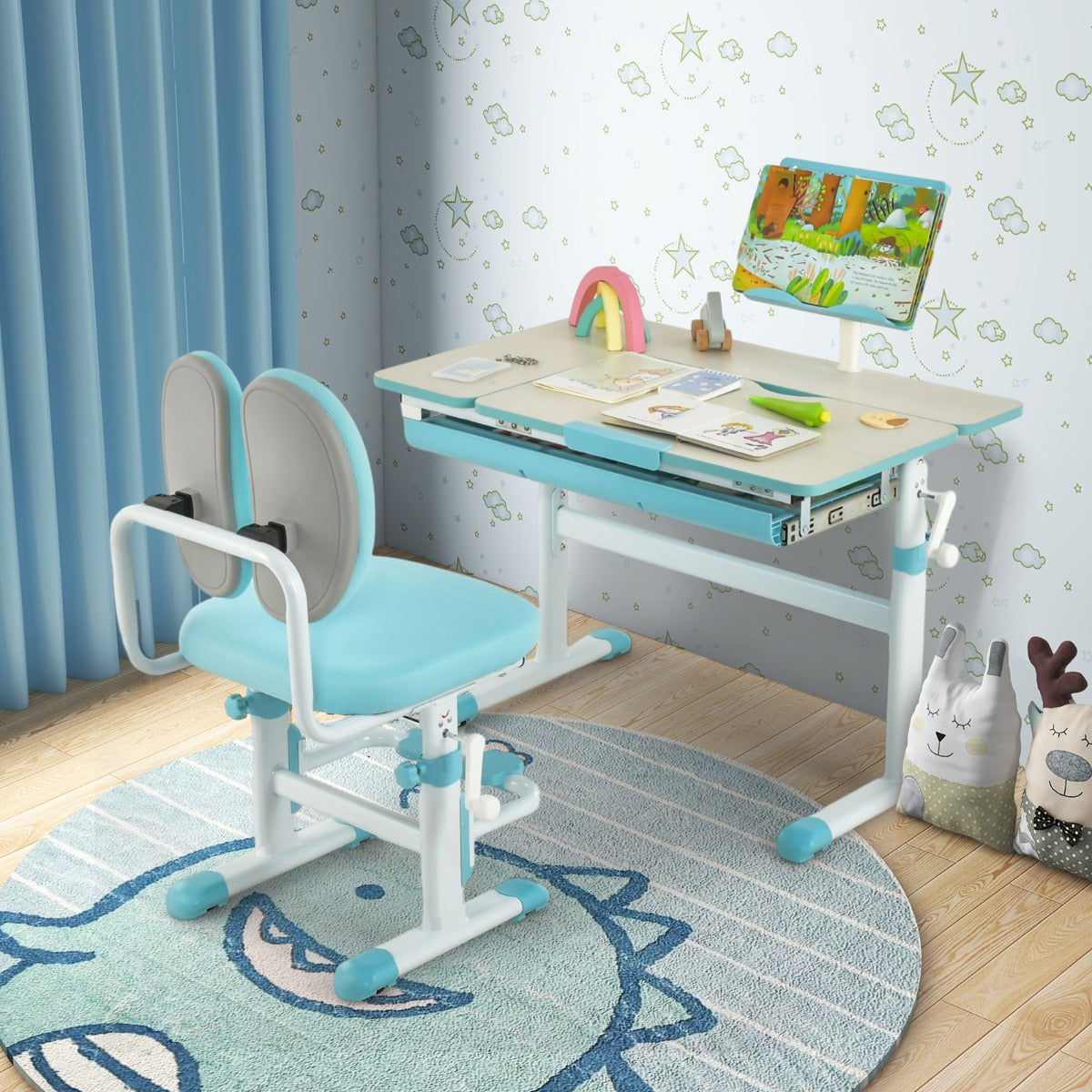 Escritorio Infantil, Escritorio Infantil Primaria, Ajustable en Altura con Silla Ergonómica, Mesa Escritorio, Azul, Costway, 4