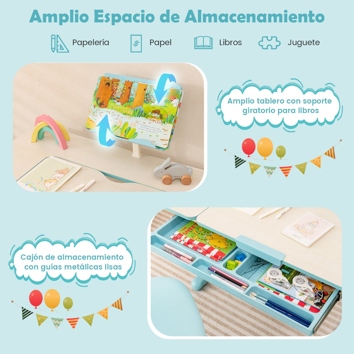 Escritorio Infantil, Escritorio Infantil Primaria, Ajustable en Altura con Silla Ergonómica, Mesa Escritorio, Azul, Costway, 5