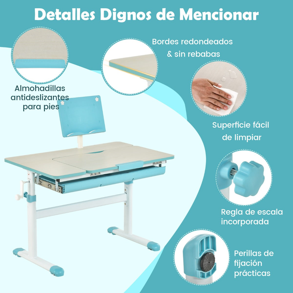 Escritorio Infantil, Escritorio Infantil Primaria, Ajustable en Altura con Silla Ergonómica, Mesa Escritorio, Azul, Costway, 6