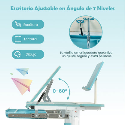 Escritorio Infantil, Escritorio Infantil Primaria, Ajustable en Altura con Silla Ergonómica, Mesa Escritorio, Azul, Costway, 8