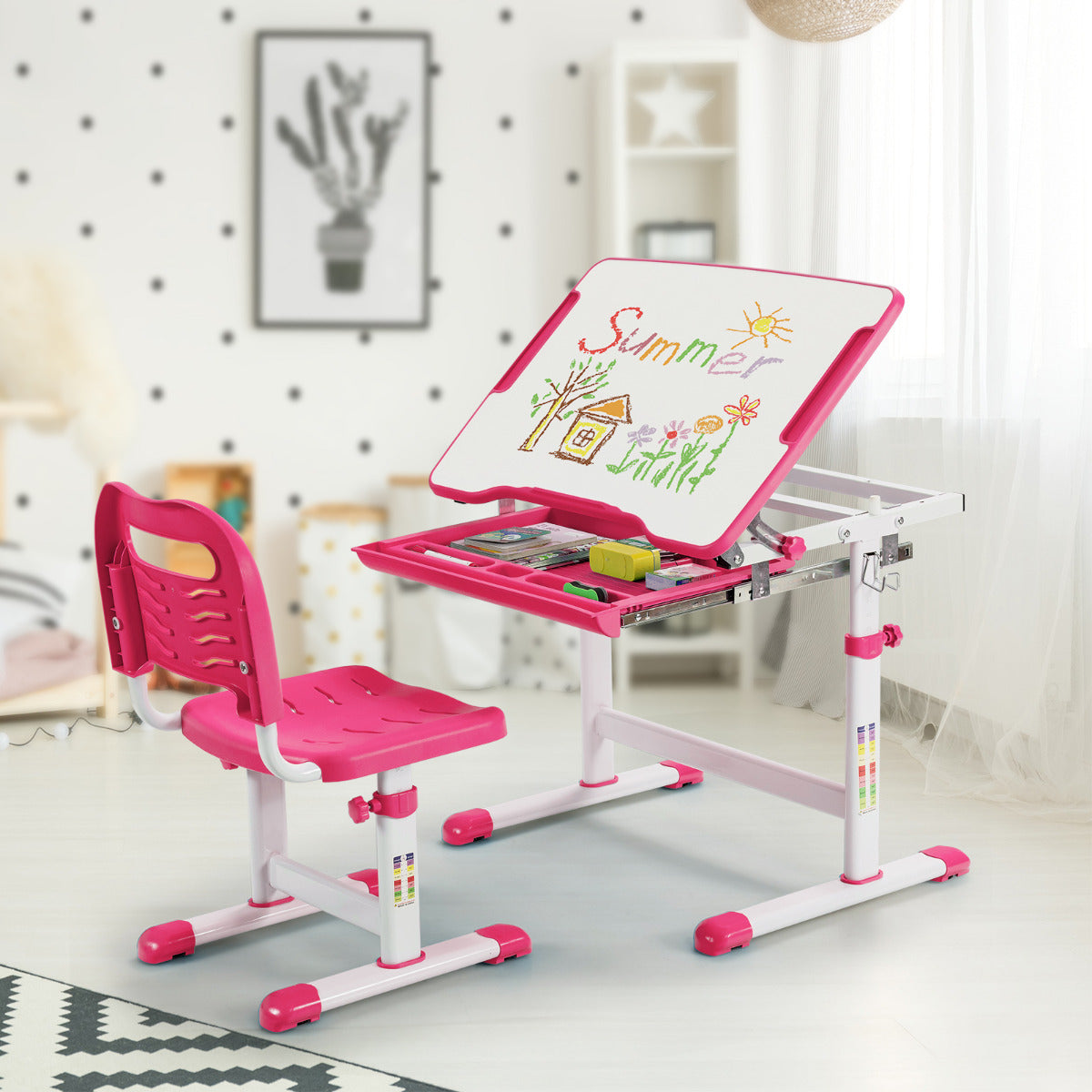 Set, Escritorio Infantil y Silla Infantil, Escritorio Infantil Primaria con Altura Regulable Superficie, Rosa, Costway, 2