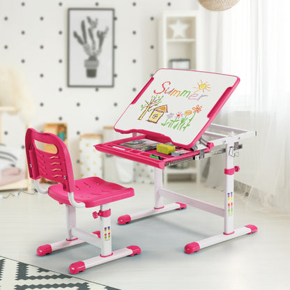 Set, Escritorio Infantil y Silla Infantil, Escritorio Infantil Primaria con Altura Regulable Superficie, Rosa, Costway, 2