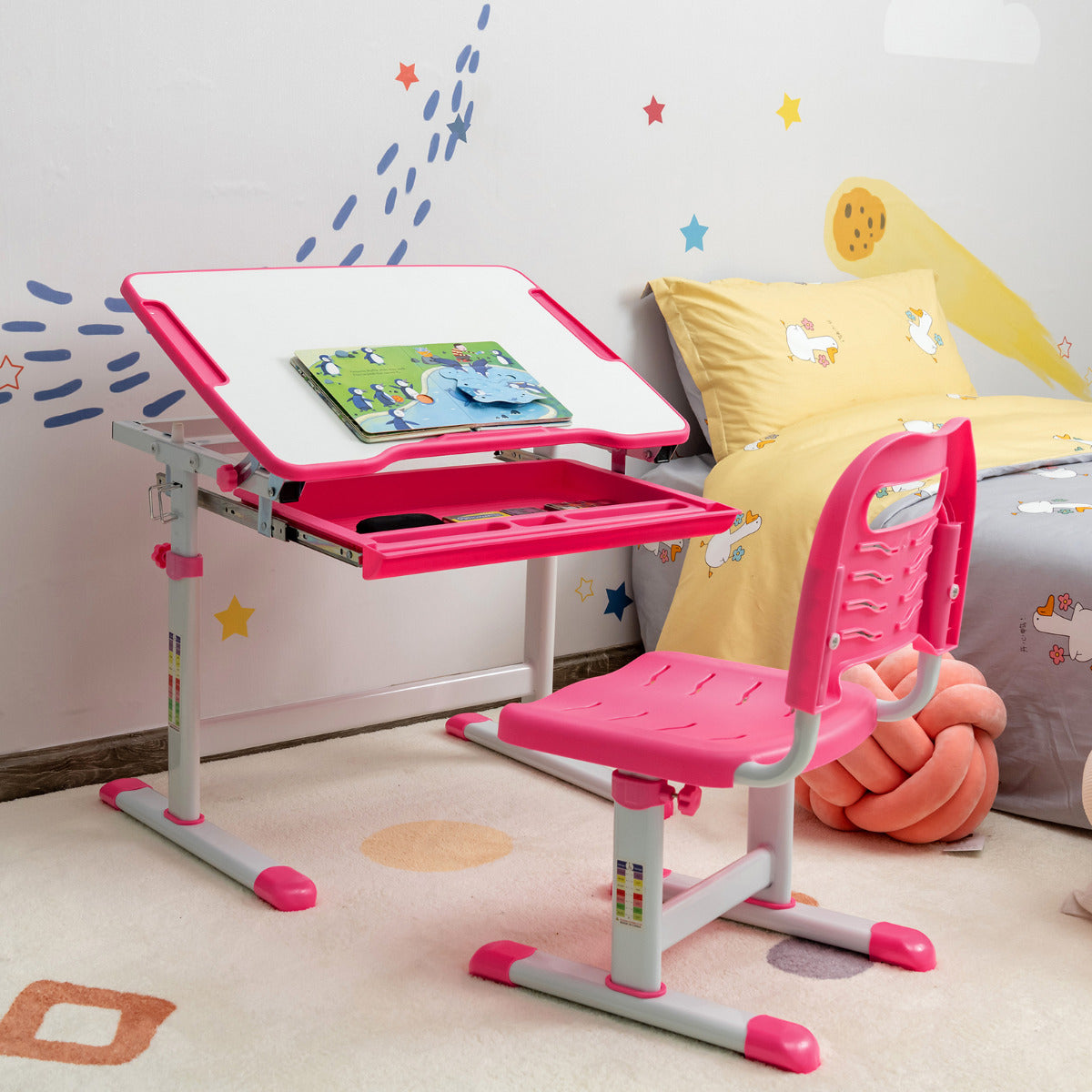 Set, Escritorio Infantil y Silla Infantil, Escritorio Infantil Primaria con Altura Regulable Superficie, Rosa, Costway, 5