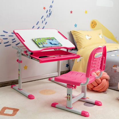 Set, Escritorio Infantil y Silla Infantil, Escritorio Infantil Primaria con Altura Regulable Superficie, Rosa, Costway, 5