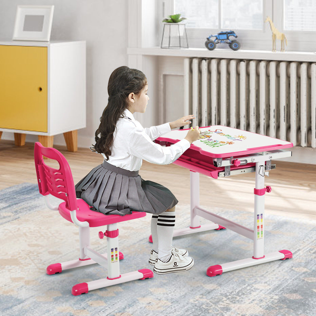 Set, Escritorio Infantil y Silla Infantil, Escritorio Infantil Primaria con Altura Regulable Superficie, Rosa, Costway, 4